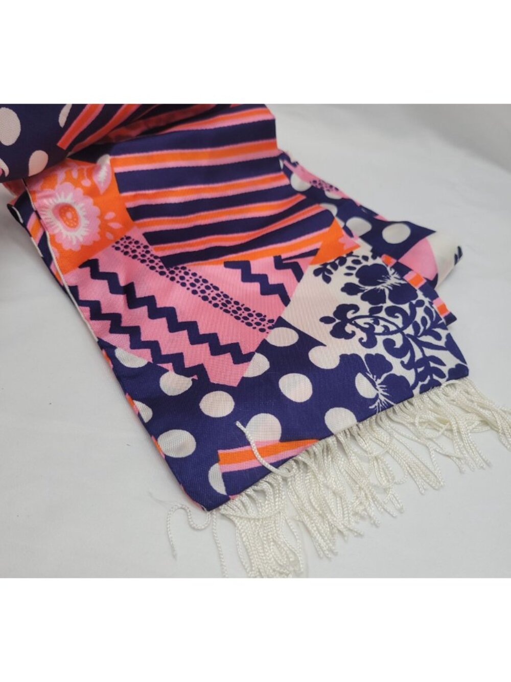 Vtg 60s Orange Purple Pink Patchwork Scarf Fringe Trim 64"x6" Groovy Retro Style - Picture 5 of 15